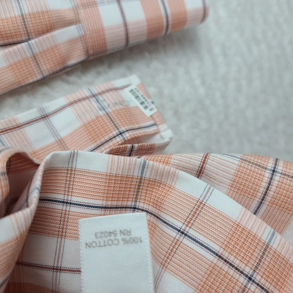 Banana Republic Dress Shirt Mens Large Salmon Plaid Non Iron Slim‎ Fit Button Up